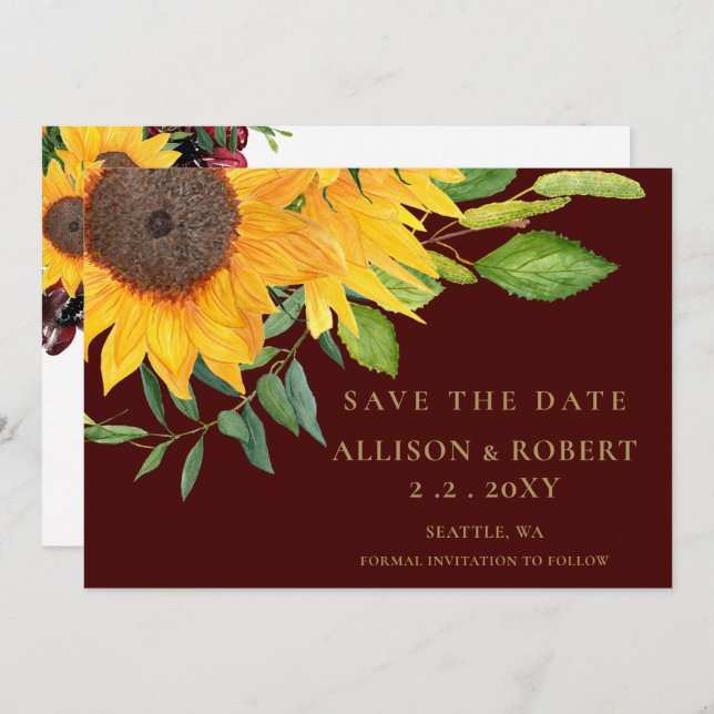 Save The Date Aquarelle Burgundy Tournesol Rustique Mariage (Devant / Derrière)