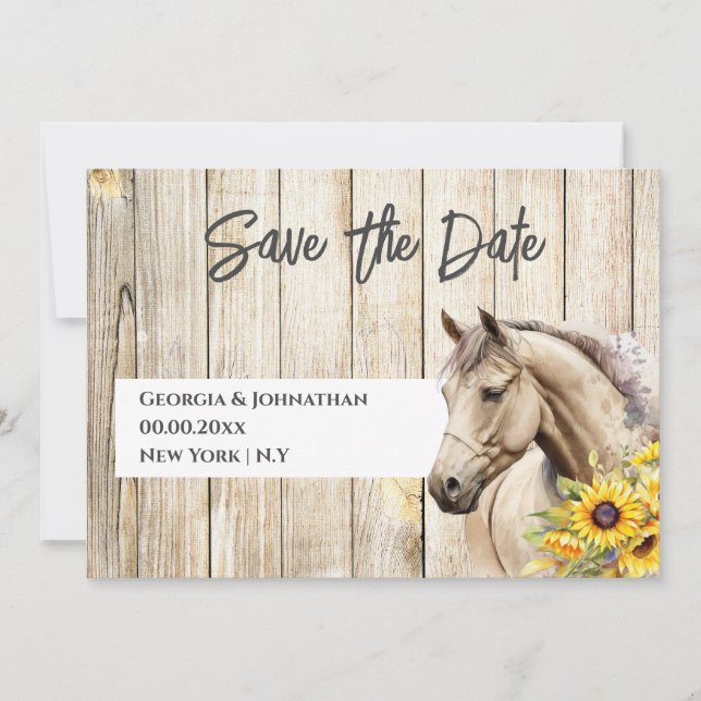 Save The Date Aquarelle cheval tournesol rustique chic western (Devant)