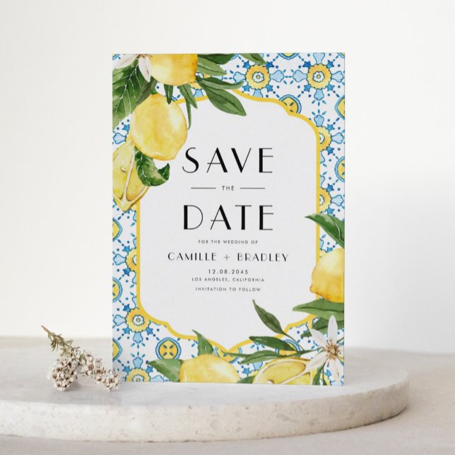 Save The Date Aquarelle Citron et carreaux marocains Motif (Watercolor Lemon and Moroccan Tile Pattern Save The Date Announcement Card)