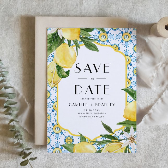 Save The Date Aquarelle Citron et carreaux marocains Motif QR Co (Watercolor Lemon and Moroccan Tile Pattern QR Code Save The Date Announcement Card)