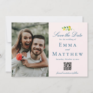 Save The Date Aquarelle Citron Minimaliste - QR & Photo