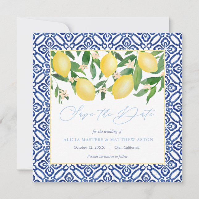 Save The Date Aquarelle Citrons Avec Carrelage Espagnol Poudre B (Devant)