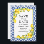 Save The Date Aquarelle Citrons Vert Carrelage Bleu<br><div class="desc">Aquarelle Citrons et verdure sur Carreaux Bleus Économisez La Date Fiançailles Faire-part Mariage</div>