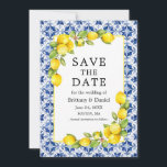 Save The Date Aquarelle Citrons Vert Carrelage Bleu<br><div class="desc">Aquarelle Citrons et verdure sur Carreaux Bleus Économisez La Date Fiançailles Faire-part Mariage</div>