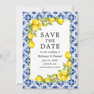 Save The Date Aquarelle Citrons Vert Carrelage Bleu