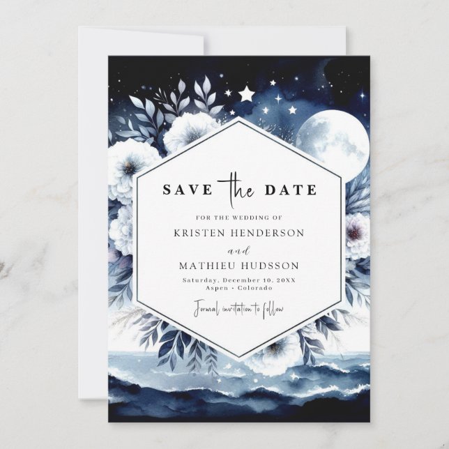 Save The Date Aquarelle classique Mariage Lune (Devant)
