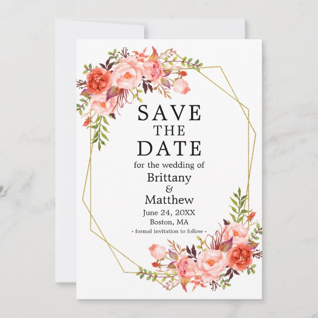 Save The Date Aquarelle Coral Rose Gold Geo Frame (Devant)