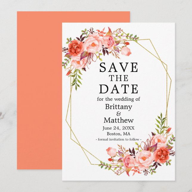 Save The Date Aquarelle Coral Roses Geo Frame (Devant / Derrière)