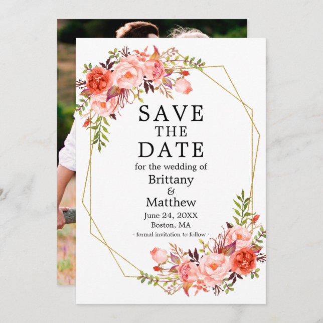 Save The Date Aquarelle Coral Roses Photo Geo Frame (Devant / Derrière)