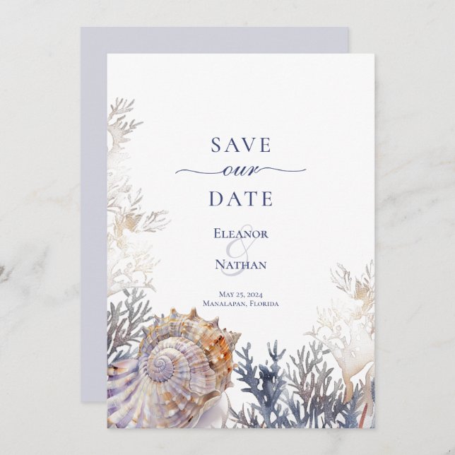 Save The Date Aquarelle Coraux Coquillages Mariage Économisez la (Devant / Derrière)