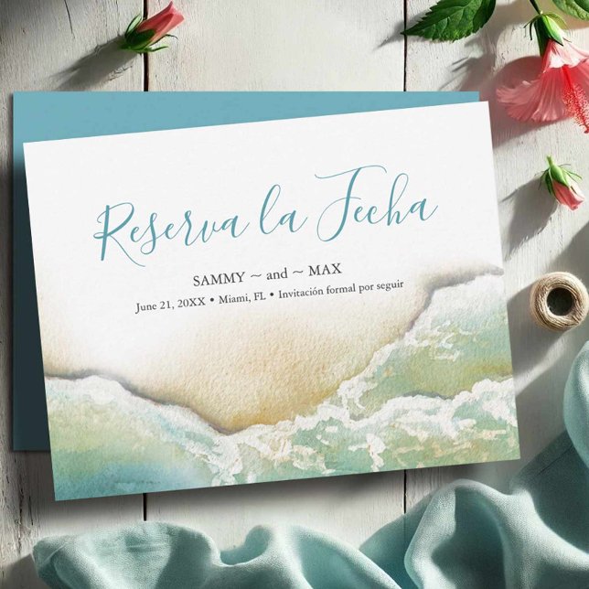 Save The Date Aquarelle côtière Enregistrer la date en espagnol (Save the date in Spanish watercolor shoreline art by Victoria Grigaliunas Do Tell A Belle)