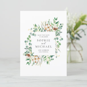 Save The Date Aquarelle Coton et Eucalyptus Verdure Feuille