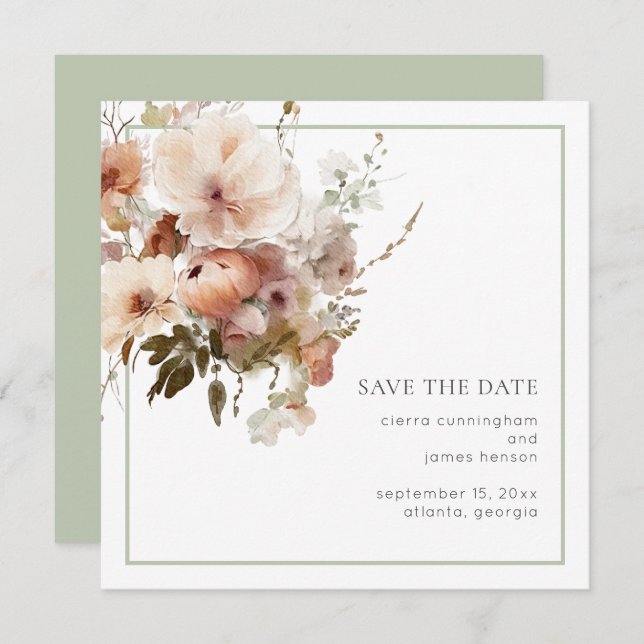 Save The Date Aquarelle Crème Sage Vert Mariage Floral (Devant / Derrière)