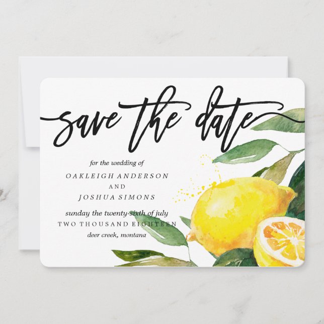 Save The Date Aquarelle de citron Enregistrer le script de date (Devant)