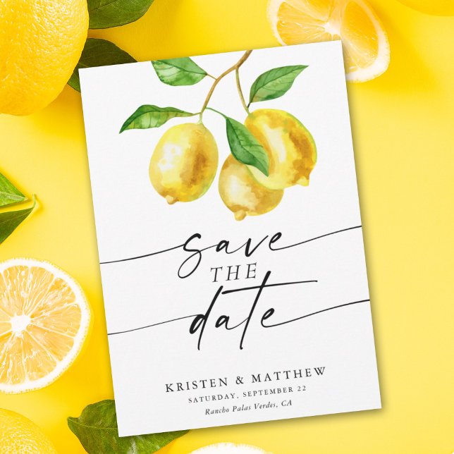Save The Date Aquarelle de citron Mariage moderne (Capture the essence of summer with our lemon watercolor save the date.)