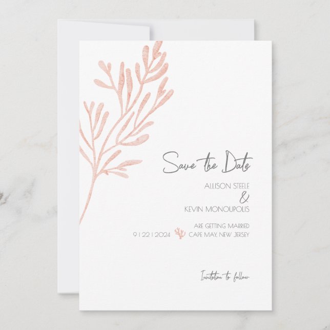 Save The Date Aquarelle de corail ・ Mariage moderne de plage ・ (Devant)