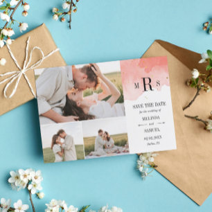 Save The Date Aquarelle de corail Monogramme photo Collage