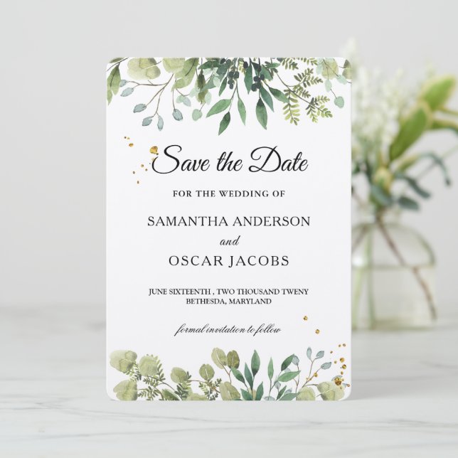 Save The Date Aquarelle de feuillage Rustic Kraft (Debout devant)