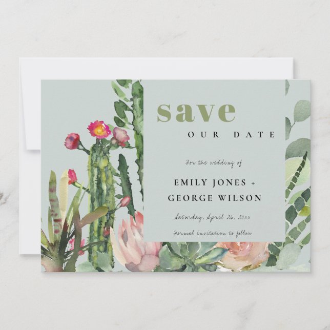 SAVE THE DATE AQUARELLE DE FLEUR DE CACTUS DE DÉPARTEMENT ROSE G (Devant)