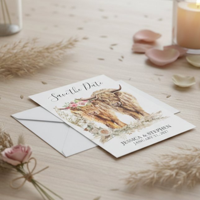 Save The Date Aquarelle de mariage vache des Highlands  (Créateur téléchargé)