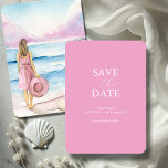 Save The Date Aquarelle de plage Sauvez les dates<br><div class="desc">Annoncez votre événement avec cette non-photo enregistrer la carte de date. Il présente un mélange de typographie classique et de script en blanc sur un arrière - plan rose solide. La carte revient à une scène de plage aquarelle avec une femme debout au bord du rivage tenant un océan casquette...</div>