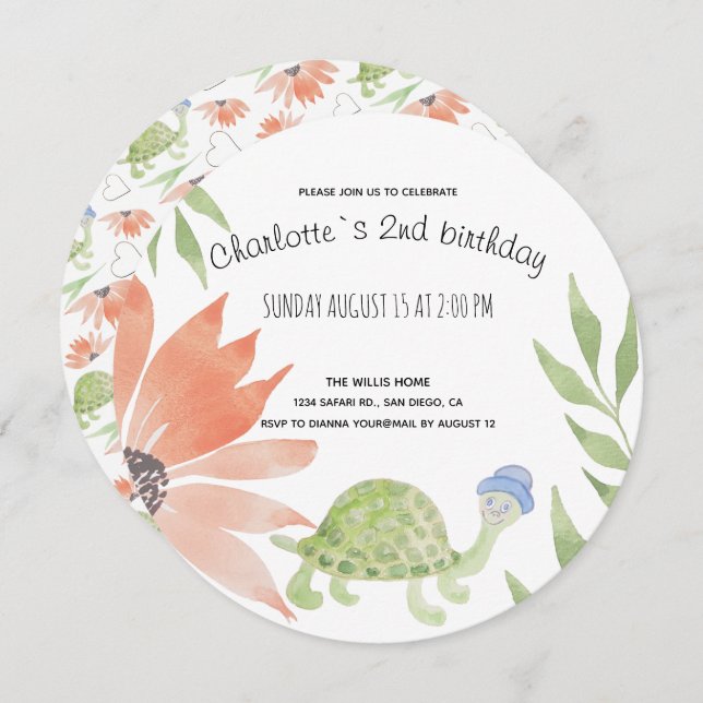 Save The Date Aquarelle de tortue-bébé peinte à la main (Devant / Derrière)