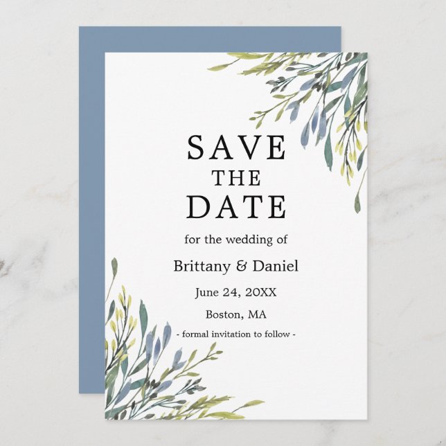 Save The Date Aquarelle délicate Botanique Verdure Dusty Blue (Devant / Derrière)