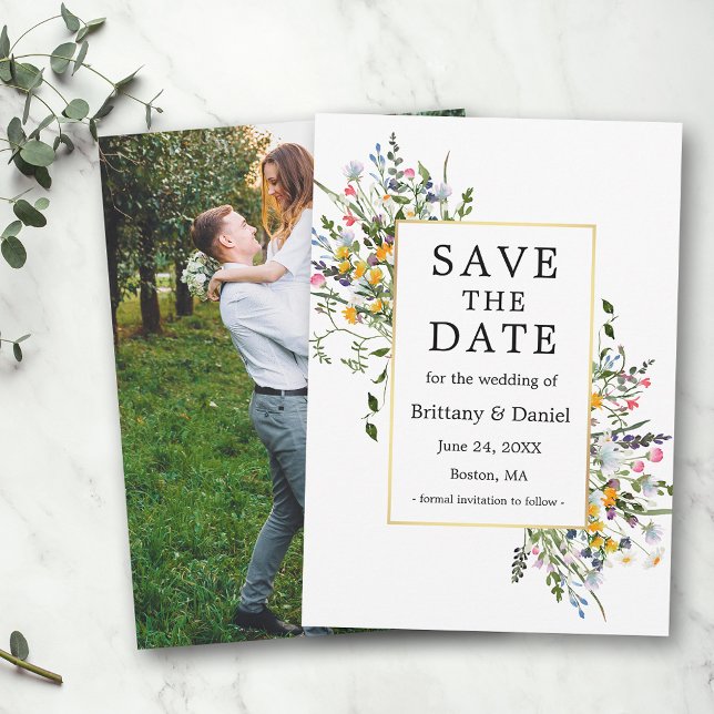 Save The Date Aquarelle délicate Fleur sauvage Photo Gold (Customize to change text size, color or text style.)