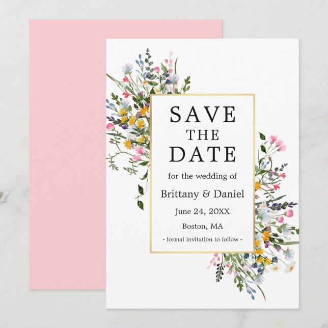 Save The Date Aquarelle délicate Fleurs sauvages rose (Devant / Derrière)