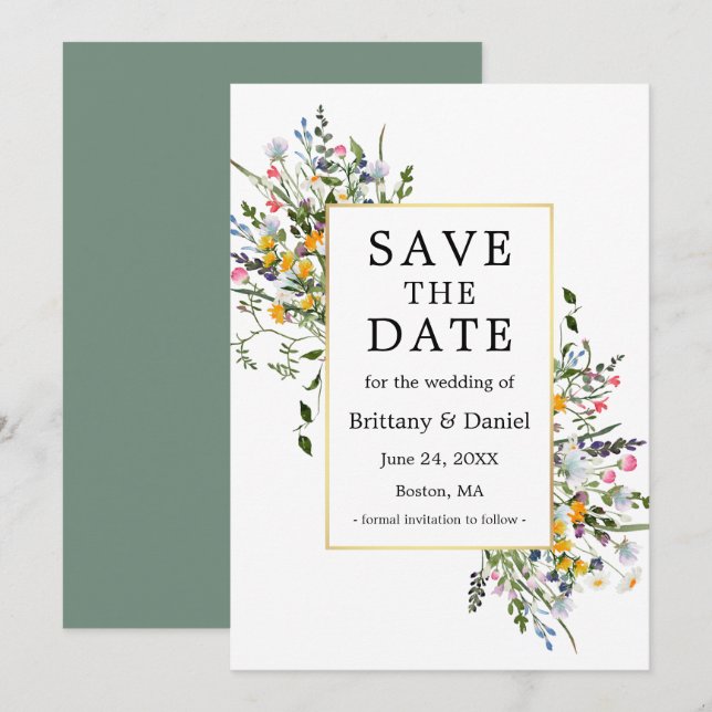 Save The Date Aquarelle Delicy Fleur sauvage Gold Sage Green (Devant / Derrière)