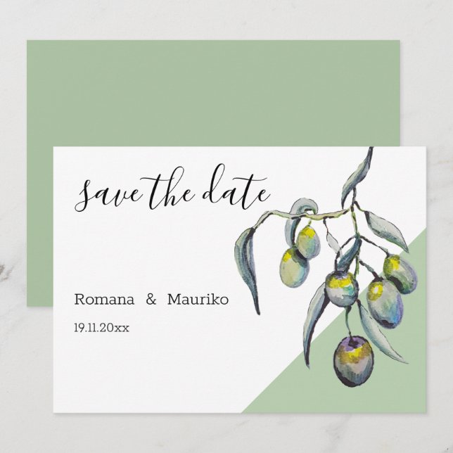 Save The Date Aquarelle des olives magiques peinte à la main (Devant / Derrière)