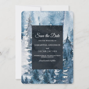 Save The Date Aquarelle d'hiver Forêt et Marine Bleu & Blanc Enr