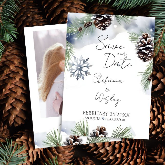 Save The Date Aquarelle d'hiver Pins enneigés photo enregistrer  (Winter wedding photo save the date editable template digital download watercolor pines snowflakes)