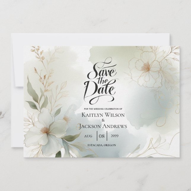 Save The Date Aquarelle douce Mariage vert Sage (Devant)