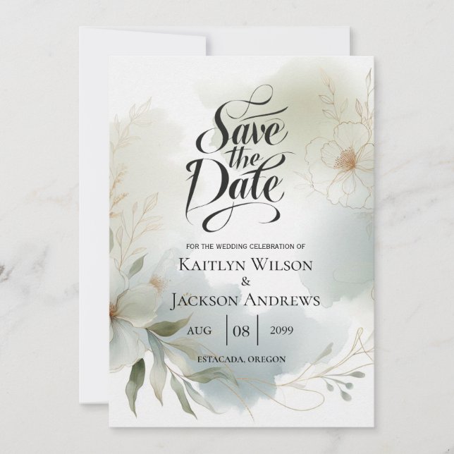Save The Date Aquarelle douce Mariage vert Sage (Devant)