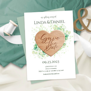 Save The Date Aquarelle du coeur en bois Eucalyptus Mariage rust