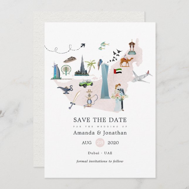 Save The Date Aquarelle Dubai EAU Destination Mariage Enregistre (Devant / Derrière)