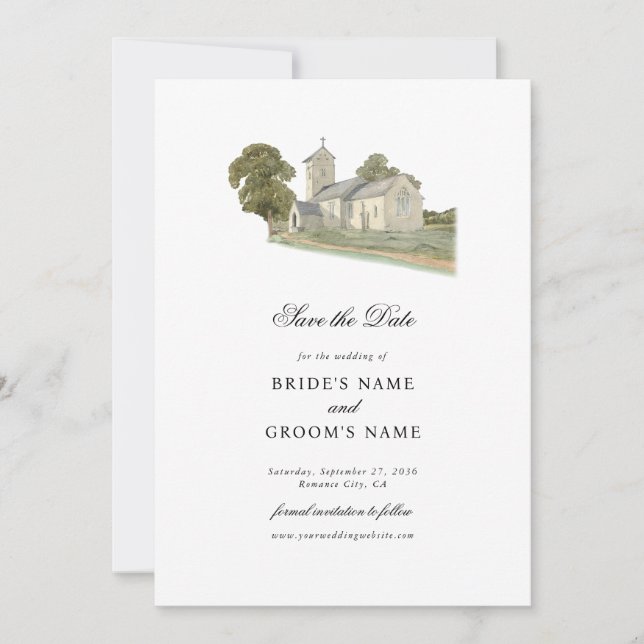 Save The Date Aquarelle Eglise traditionnelle Monogramme Mariage (Devant)