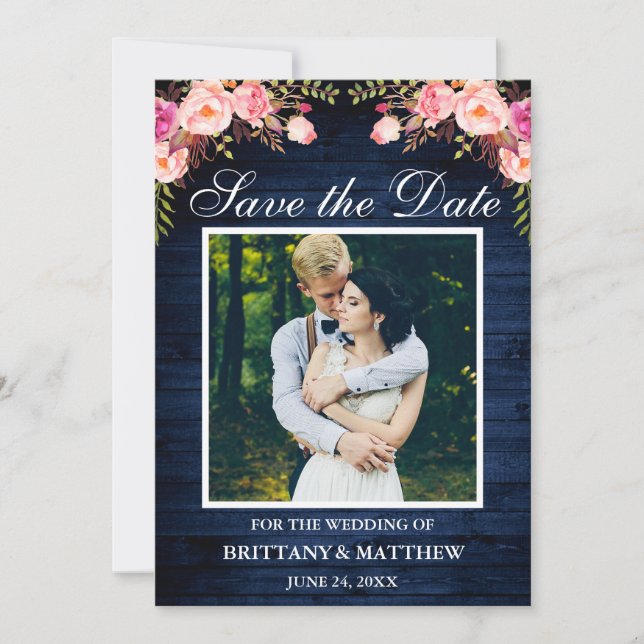 Save The Date Aquarelle en bois bleu rustique rose floral photo (Devant)