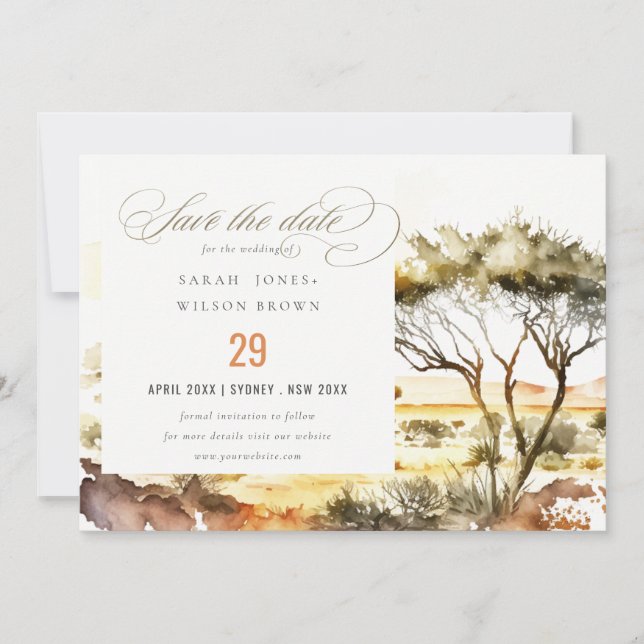 Save The Date Aquarelle en terre bouillie Mariage paysager afric (Devant)