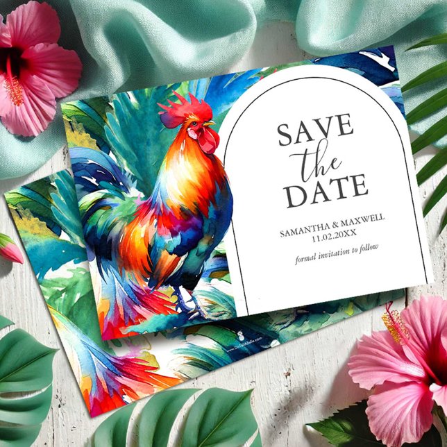 Save The Date Aquarelle Enregistrer l'invitation de la date (Save the date invitations destination wedding tropical rooster art by Victoria Grigaliunas)