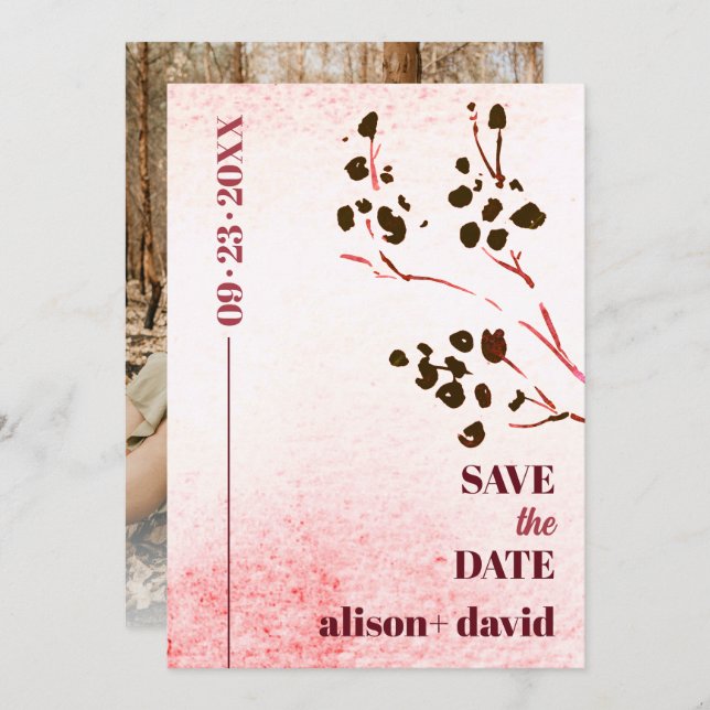 Save The Date Aquarelle et branche Japandi photo Enregistrer (Devant / Derrière)