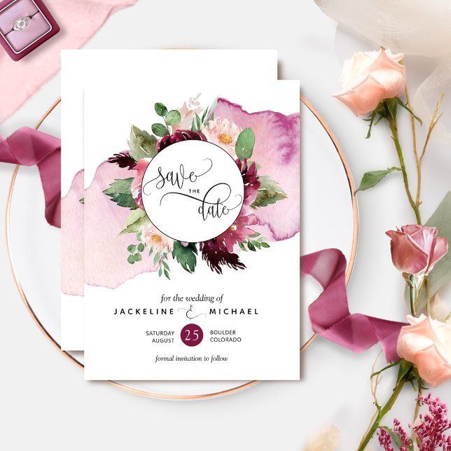 Save The Date Aquarelle et Mariage floral Berry et Blush (Créateur téléchargé)