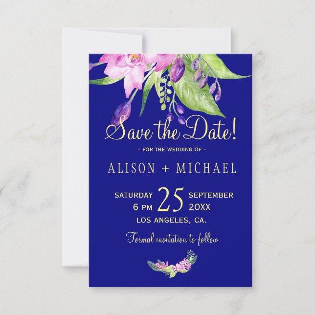 Save The Date Aquarelle été fleurie prune marine mariage (Devant)