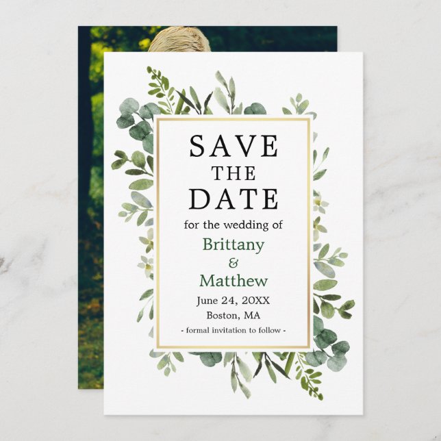 Save The Date Aquarelle Eucalyptus Botanical Green Photo (Devant / Derrière)