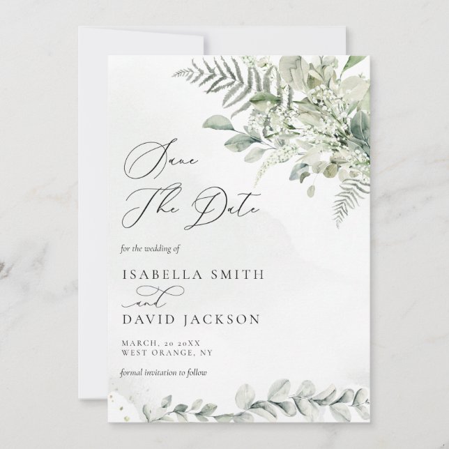 Save The Date Aquarelle Eucalyptus Feuillage Vert Sauge (Devant)