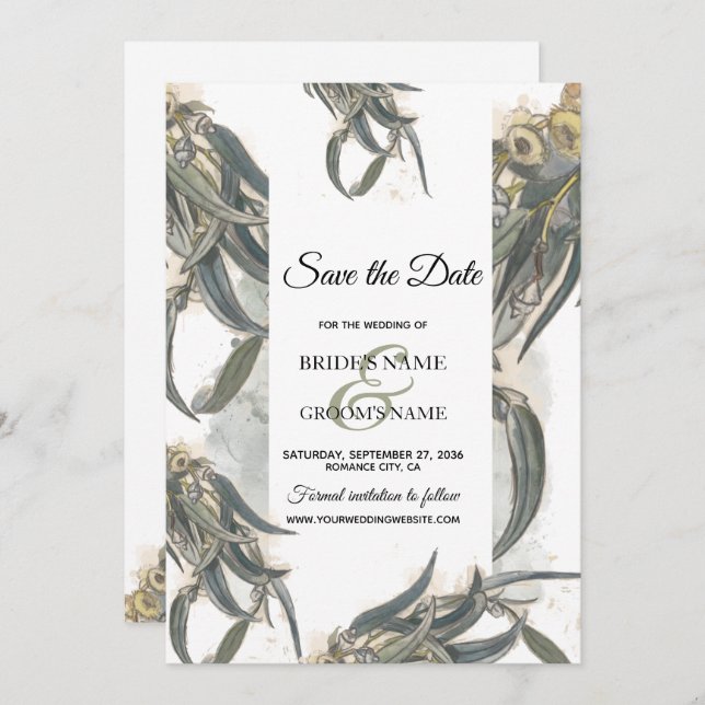 Save The Date Aquarelle Eucalyptus Feuille Mariage vert (Devant / Derrière)