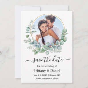 Save The Date Aquarelle Eucalyptus Feuilles cadre photo ronde