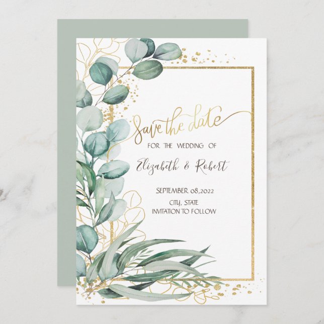 Save The Date Aquarelle Eucalyptus Gold Frame Enregistrer La Dat (Devant / Derrière)