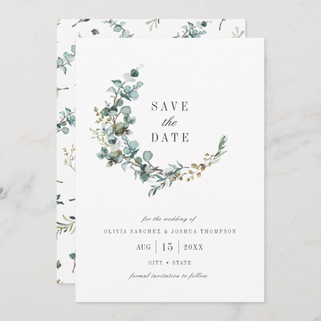 Save The Date Aquarelle Eucalyptus Mariage botanique (Devant / Derrière)